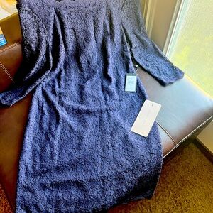 Dress, Size 14p Lace & Lined, Color Navy, Hem, Back Zipper closure.
